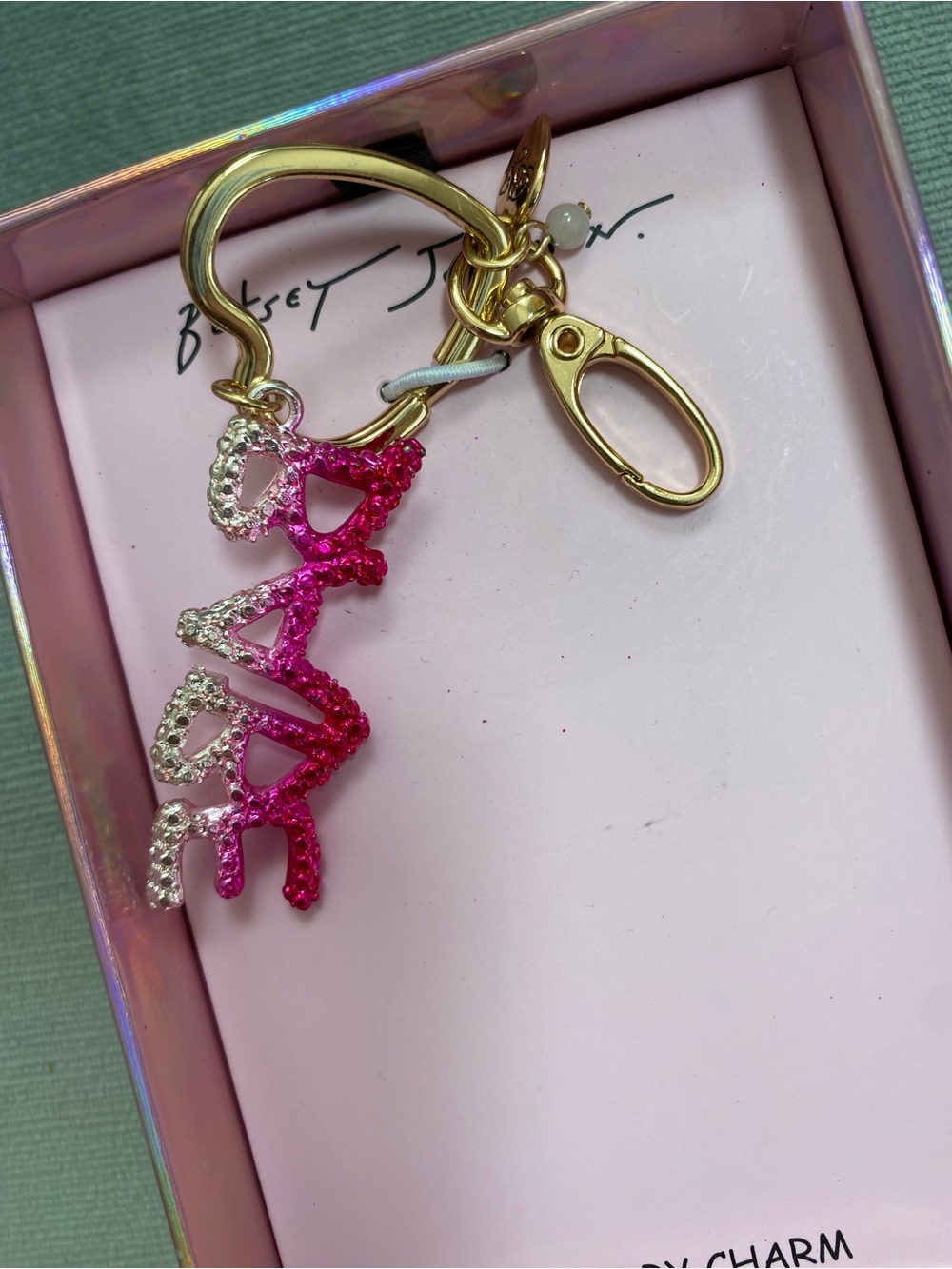 Betsey Johnson Pink Glitter Ombré “BABE” Glitter NIB Gold Heart Keychain - Picture 6 of 10